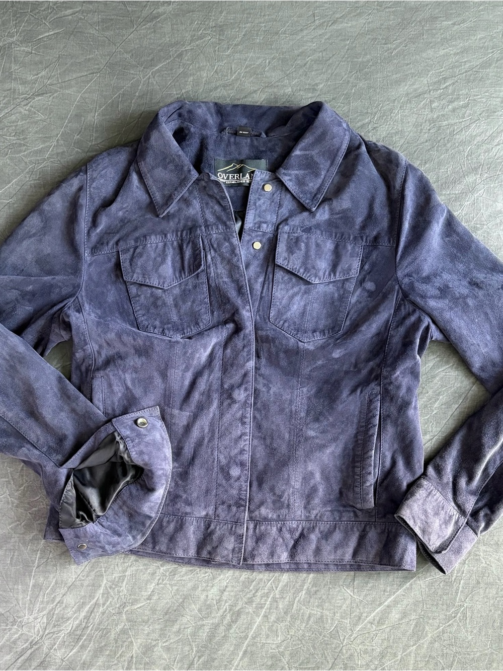 Overland Navy Goat Suede Leather Trucker Jacket Women’s Small Snap Front